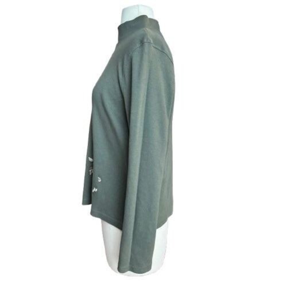 Petite Large Moss green long sleeve mock turtleneck embroidered leaves forest - Picture 2 of 8